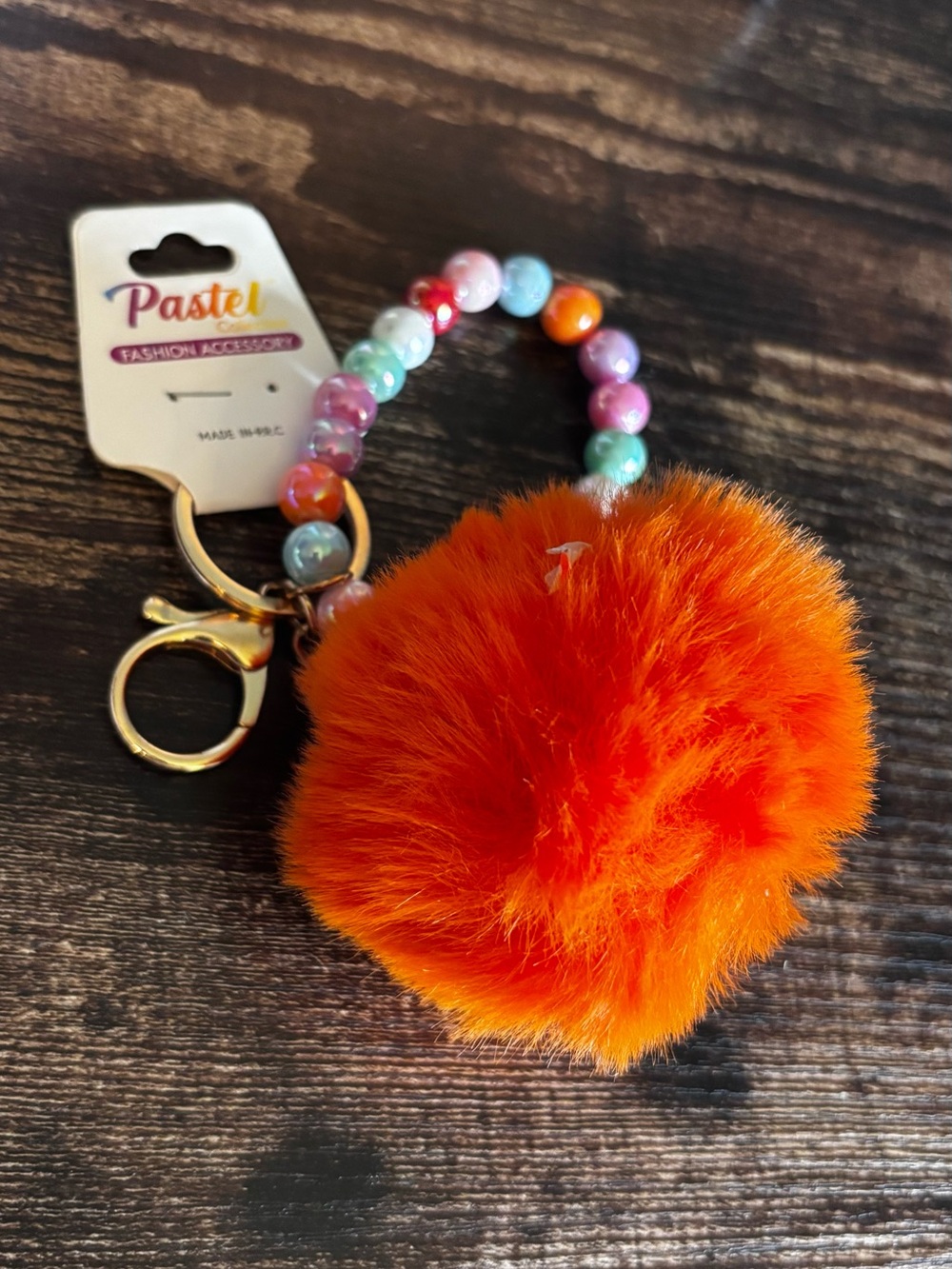 Pastels Orange Faux Fur Pom Pom Beaded Wrist Keychain